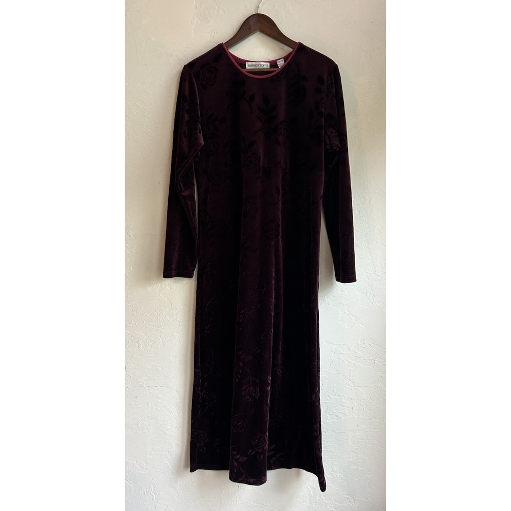 Vintage 90s Y2K Empire Waist Burgundy Velvet‎ Rose Maxi Dress M Gothic Witchy